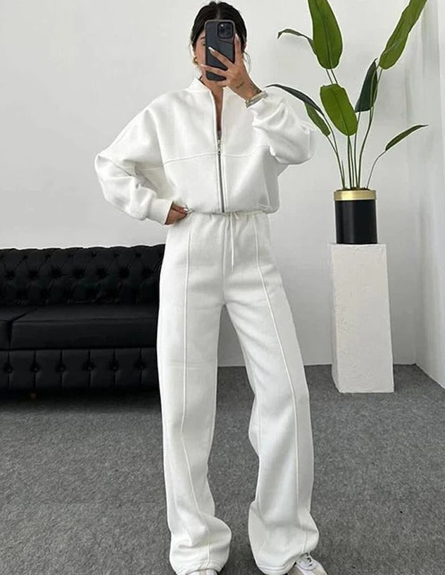 Women’s Casual 2-Piece Sportswear Set – Sweatshirt & Pants with Zipper, High Waist & Elastic Trousers