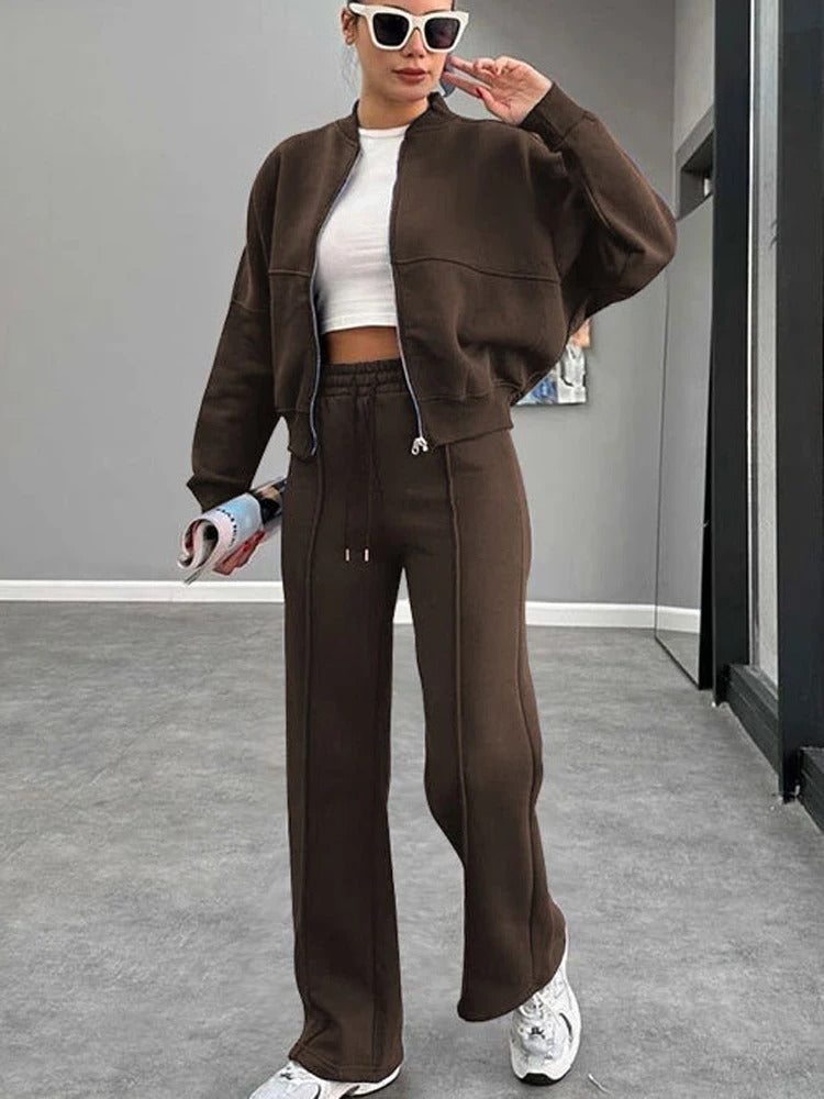 Women’s Casual 2-Piece Sportswear Set – Sweatshirt & Pants with Zipper, High Waist & Elastic Trousers