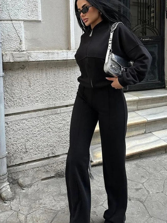 Women’s Casual 2-Piece Sportswear Set – Sweatshirt & Pants with Zipper, High Waist & Elastic Trousers