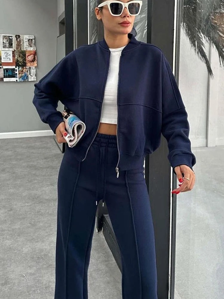 Women’s Casual 2-Piece Sportswear Set – Sweatshirt & Pants with Zipper, High Waist & Elastic Trousers
