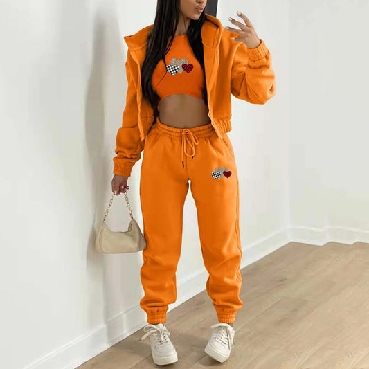 Women’s Velvet Alphabet Print Hooded Athleisure Set – 3-Piece