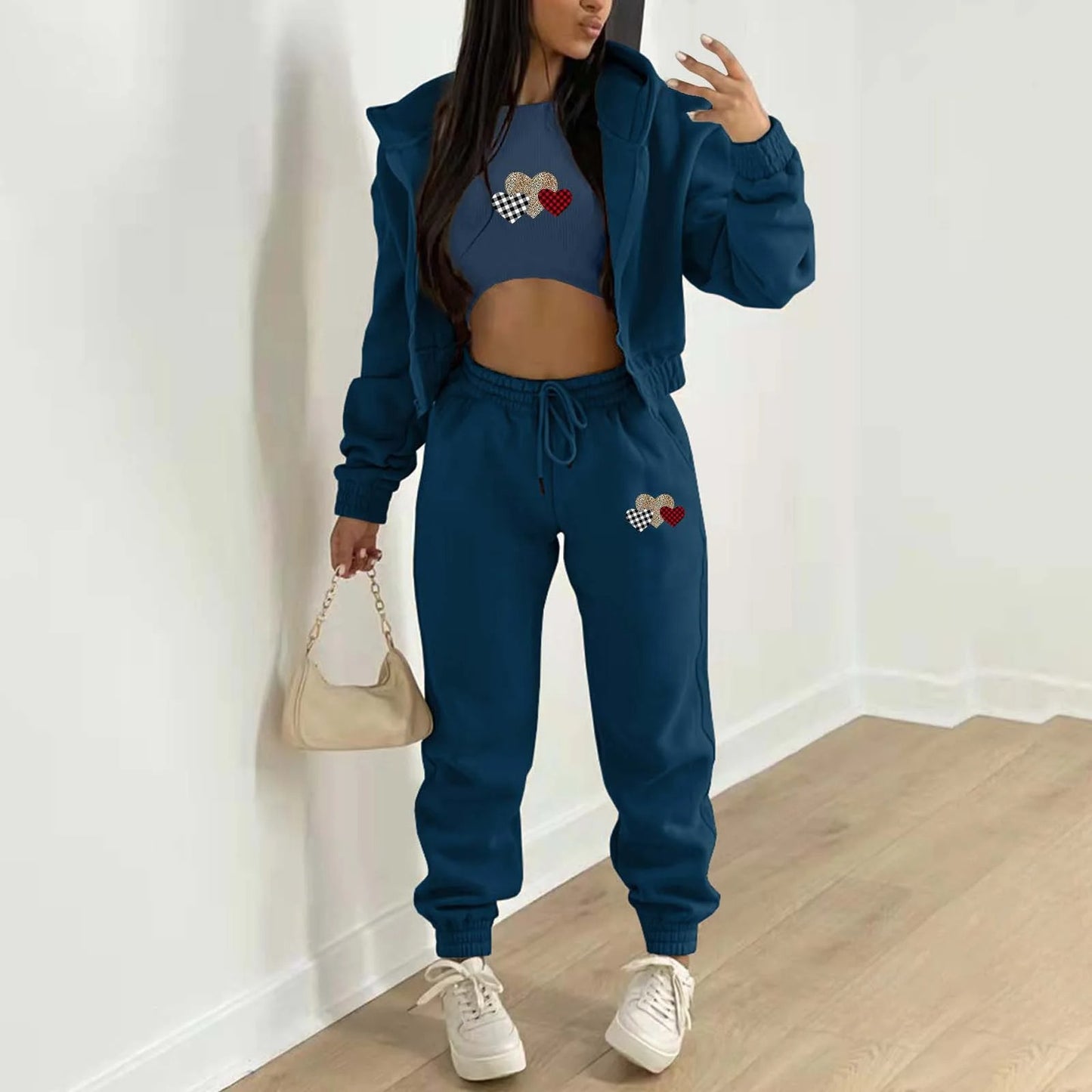Women’s Velvet Alphabet Print Hooded Athleisure Set – 3-Piece