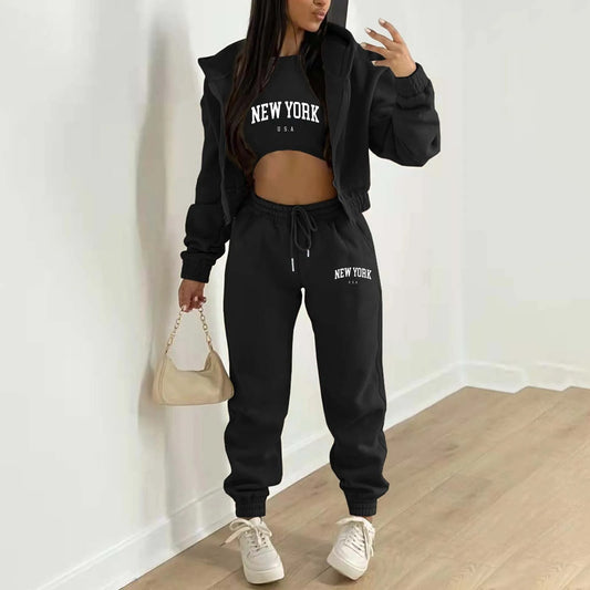 Women’s Velvet Alphabet Print Hooded Athleisure Set – 3-Piece