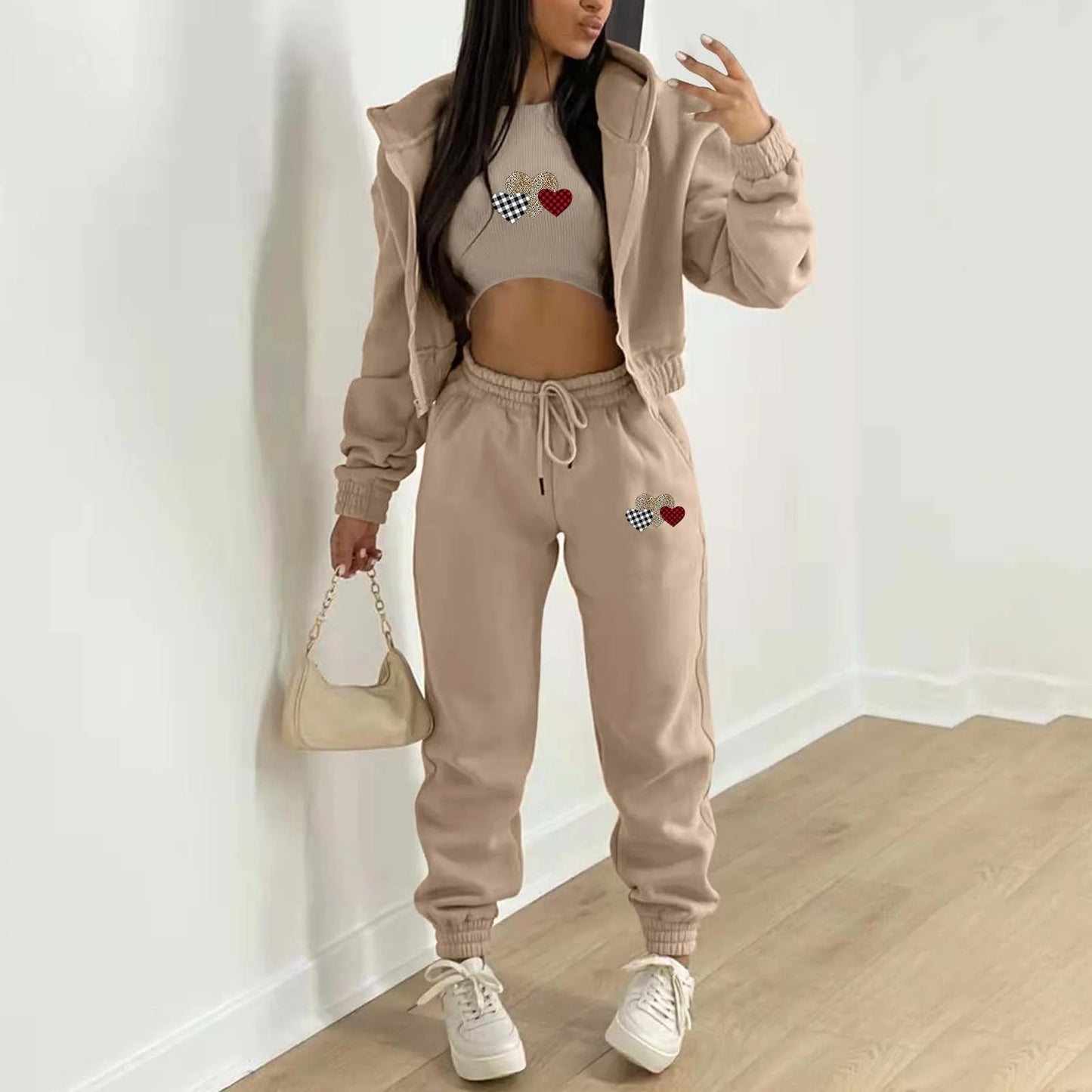 Women’s Velvet Alphabet Print Hooded Athleisure Set – 3-Piece