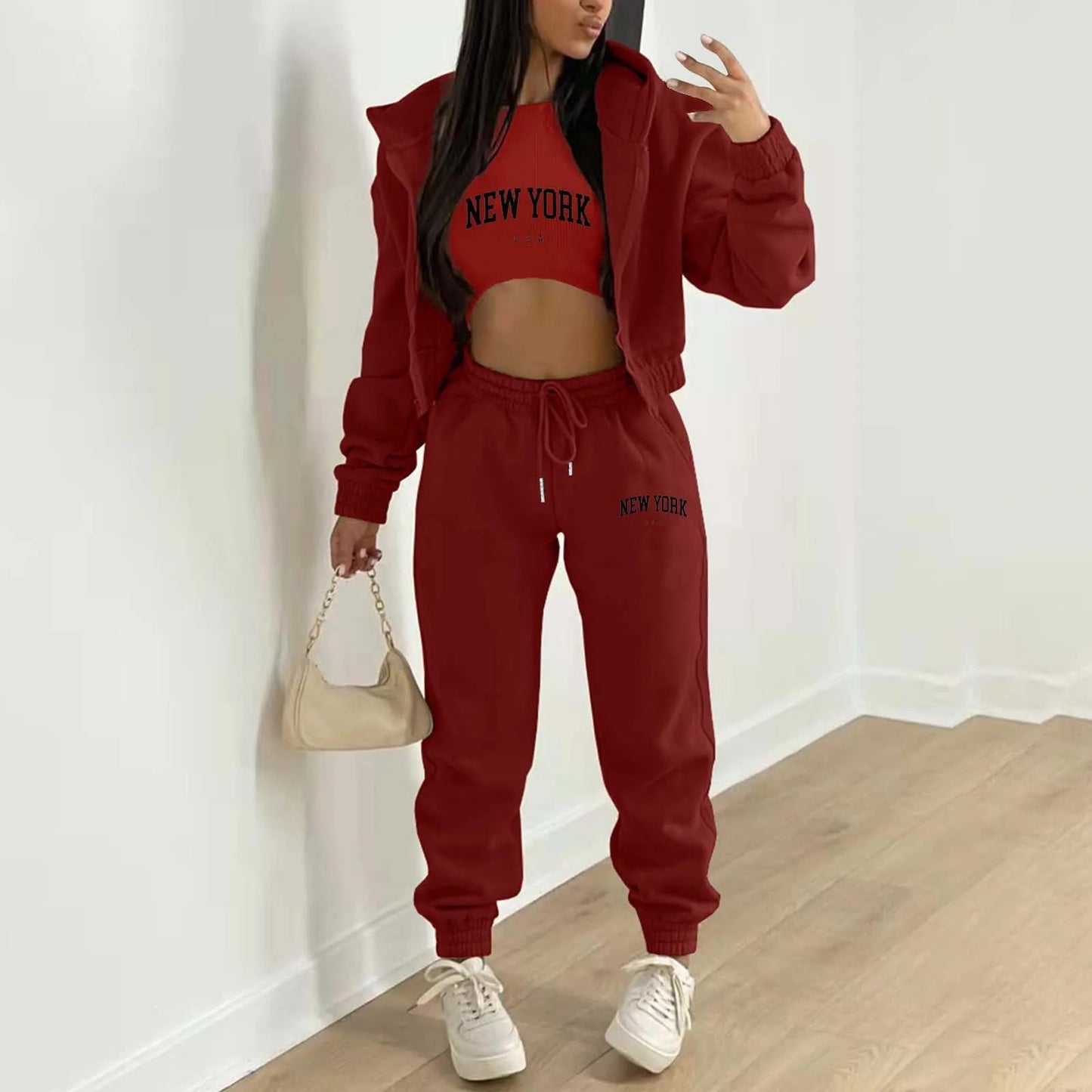 Women’s Velvet Alphabet Print Hooded Athleisure Set – 3-Piece