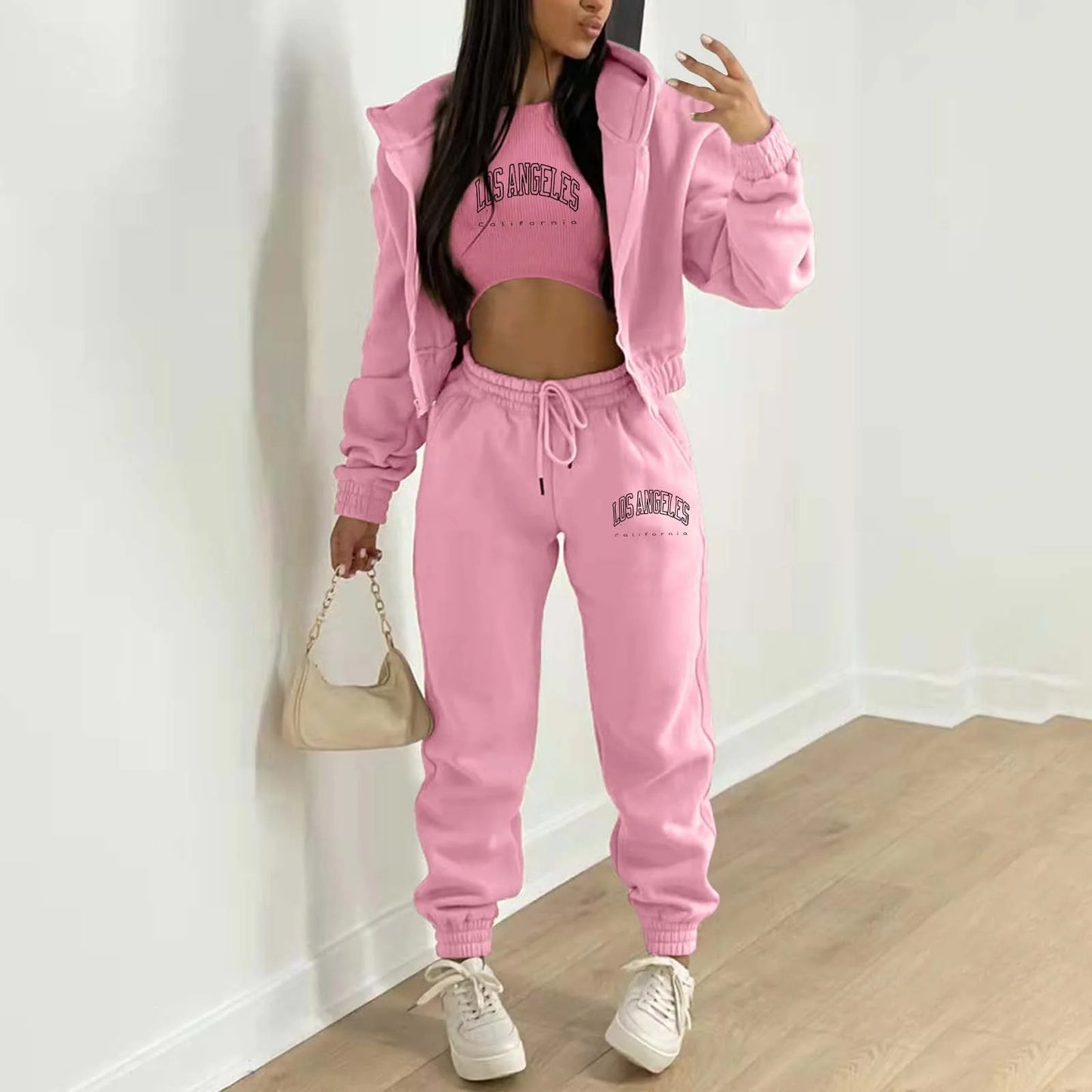 Women’s Velvet Alphabet Print Hooded Athleisure Set – 3-Piece