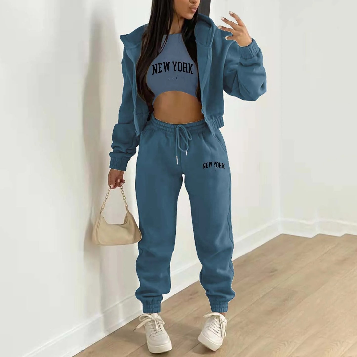 Women’s Velvet Alphabet Print Hooded Athleisure Set – 3-Piece