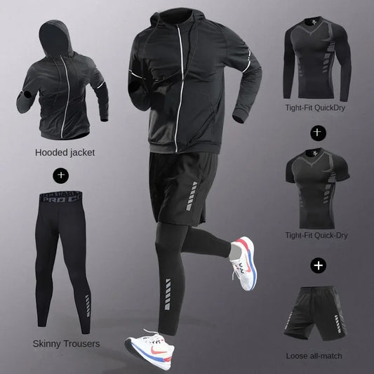 Men’s 5-Piece Sportswear Set – All-Season Workout Outfit with Quick-Dry Tops, Pants, Shorts & Compression Gear - ZOE FITNESS